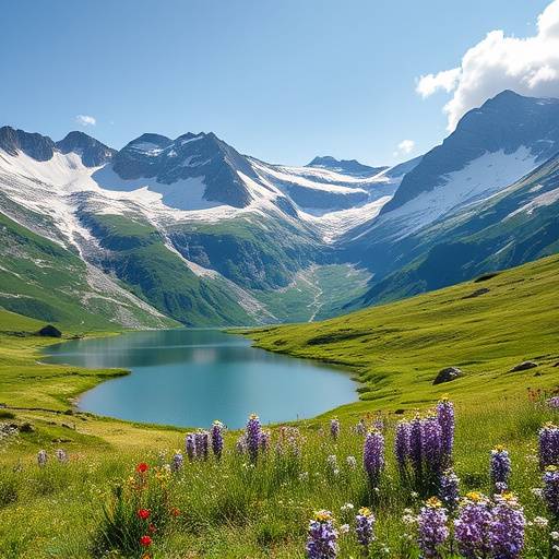 Paesaggio del Parco Nazionale del Gran Paradiso, con montagne, laghi alpini e flora alpina.